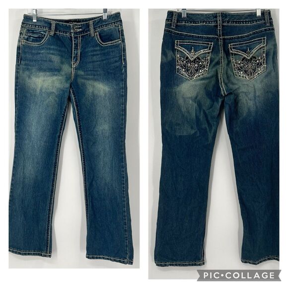Nine West Womens 32x31 Boot Cut Embroidered Rhinestones Bling Blue Jeans Size 10 - Picture 1 of 16